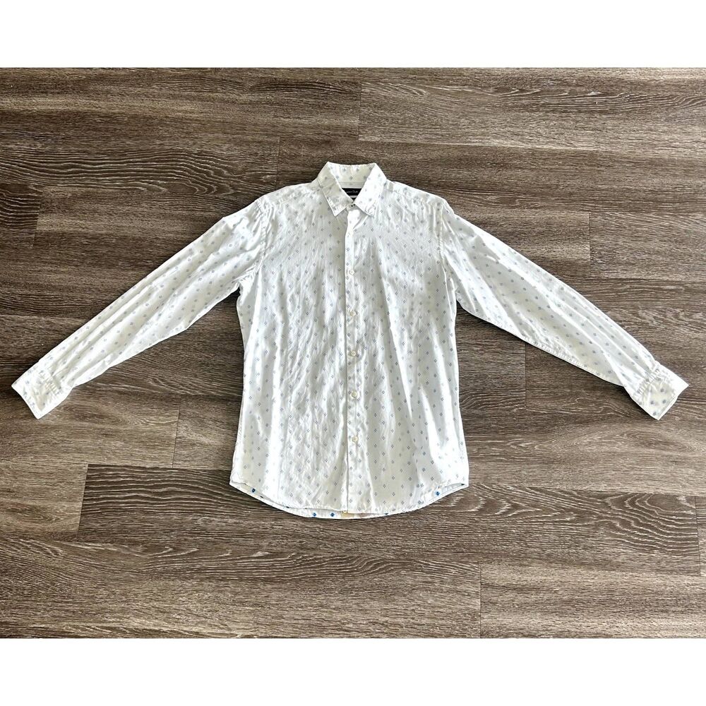Massimo Dutti 100% Cotton White Button-Up Shirt Blue Embroidered Dot Men's Small - Picture 3 of 10
